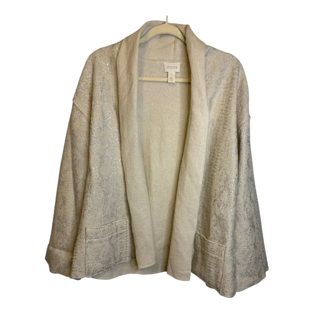 Chico's Jacket Women's Size Medium open front‎ Winter Silver White Wool Chicos 1
